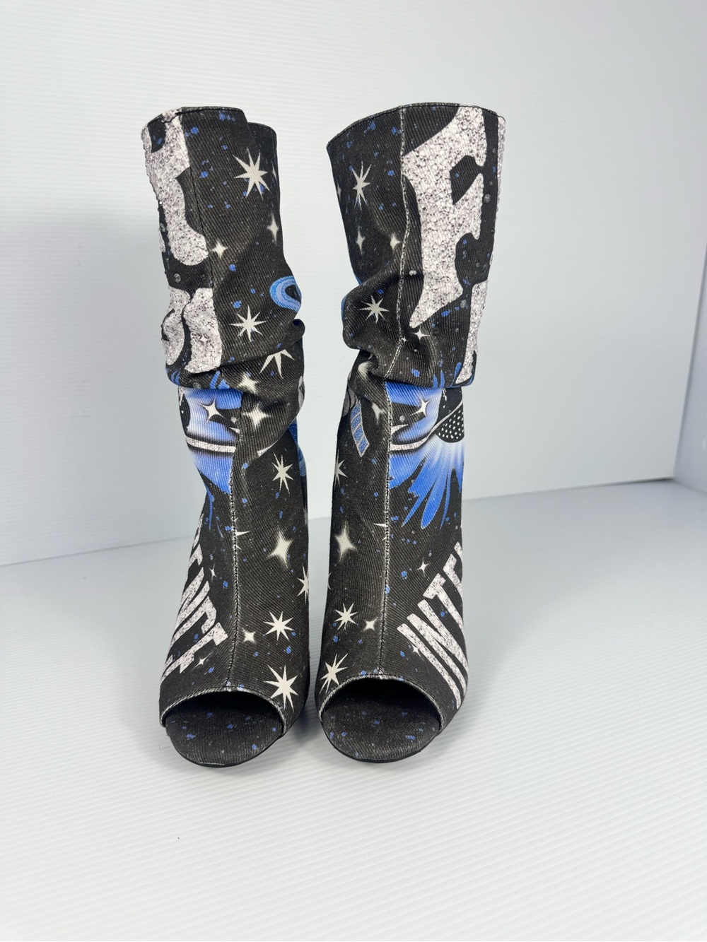 NEW AKIRA Black Multi Galaxy Space Peep Toe Slouch Stiletto Booties - Picture 2 of 7